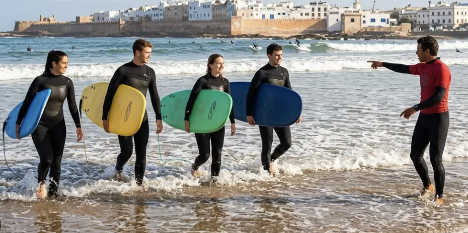Surf instructor coaching a group in the water beside Essaouira’s ramparts